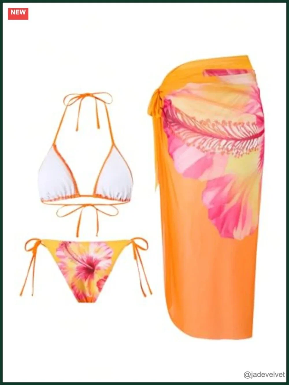 3 Piece Floral Halter Triangle Bikini Set with Mesh Cover Up Skirt